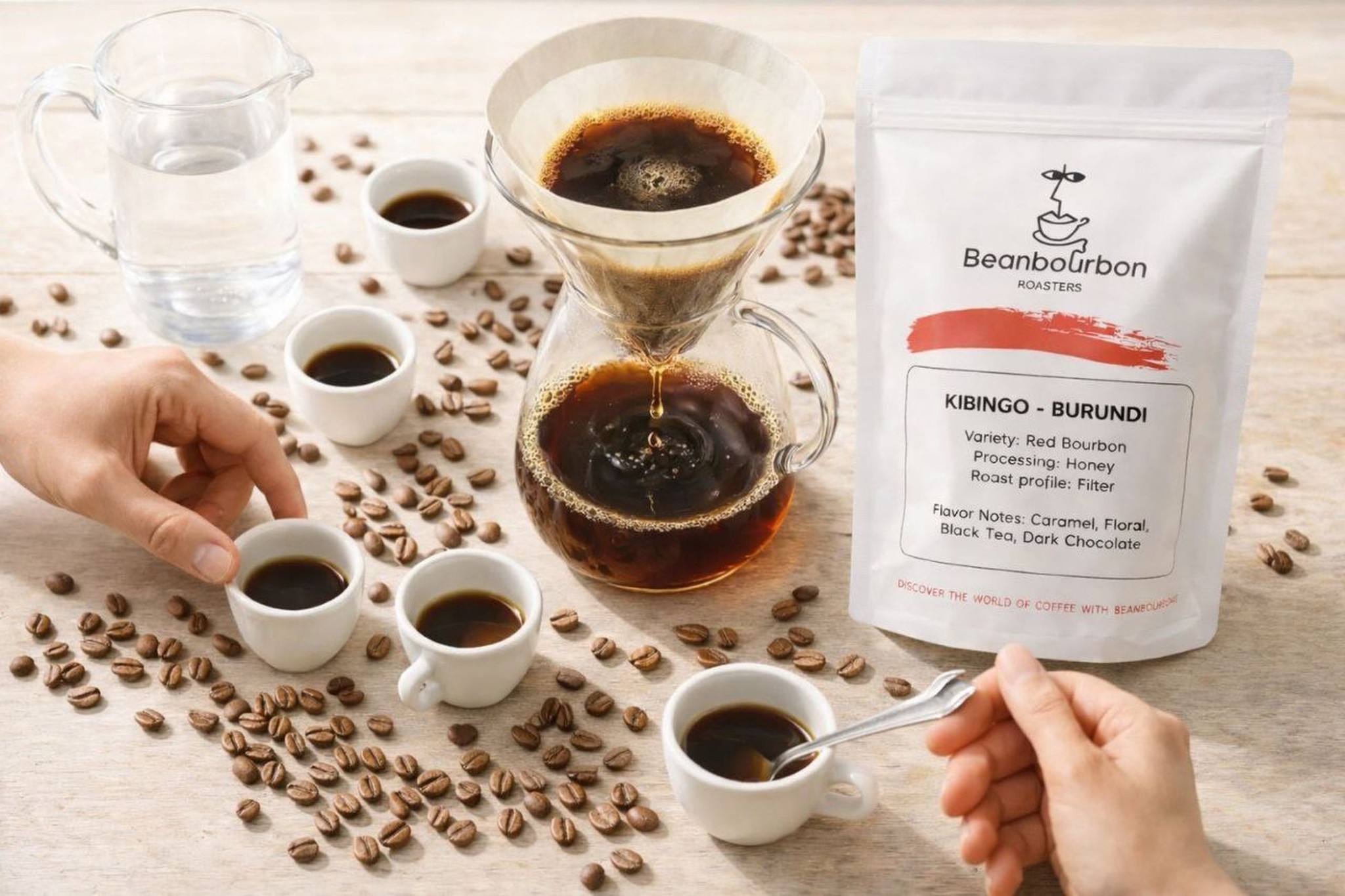 Профессиональная дегустация кофе — Chemex, чашки и зёрна на столе